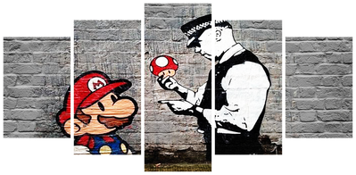 Vooraanzicht van Super mario mushroom cop. De volledige gedrukte compositie is te zien op 5 canvasdelen met zichtbare tussenruimten.