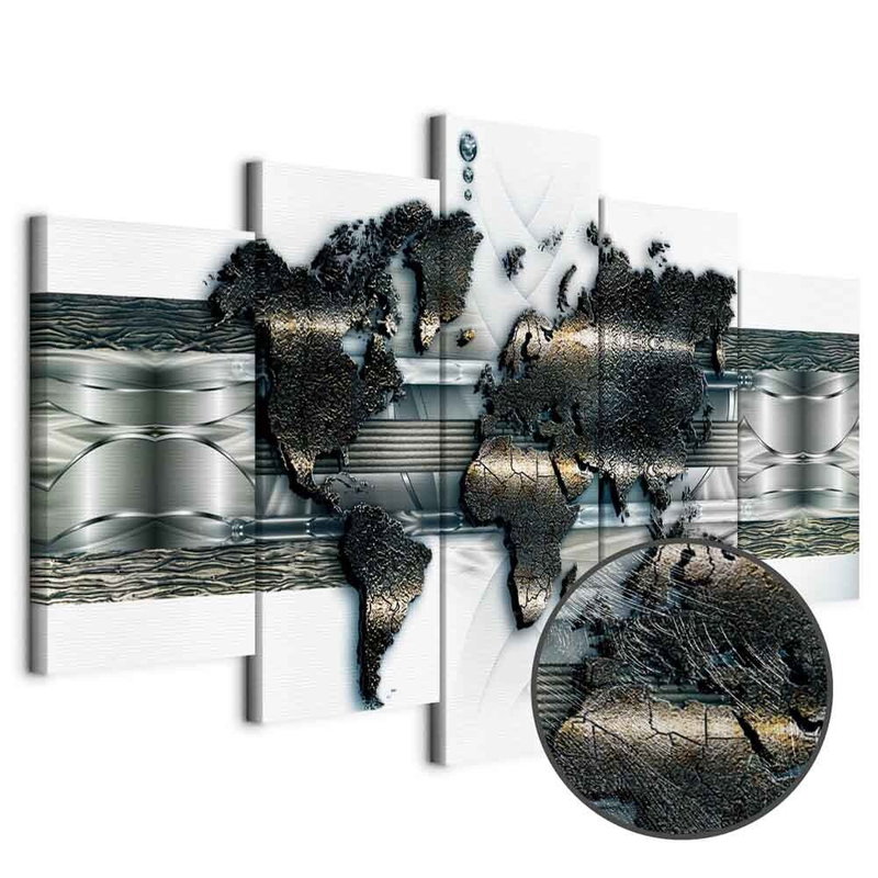 Produktvy av Metal world map. En rund detaljförstoring visar den strukturerade gelytan.
