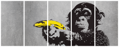 Vooraanzicht van Monkey and banana. De volledige gedrukte compositie is te zien op 5 canvasdelen met zichtbare tussenruimten.