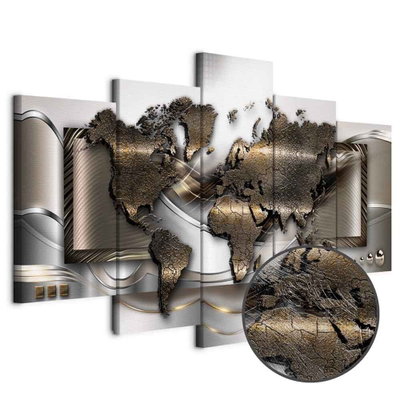 Schuin productaanzicht van World breeze. De 5 canvasdelen vormen samen één compositie. Een ronde detailopname toont het reliëf van het geloppervlak.