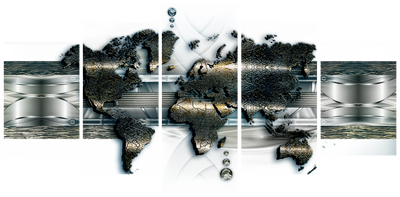 Vooraanzicht van Metal world map. De volledige gedrukte compositie is te zien op 5 canvasdelen met zichtbare tussenruimten.