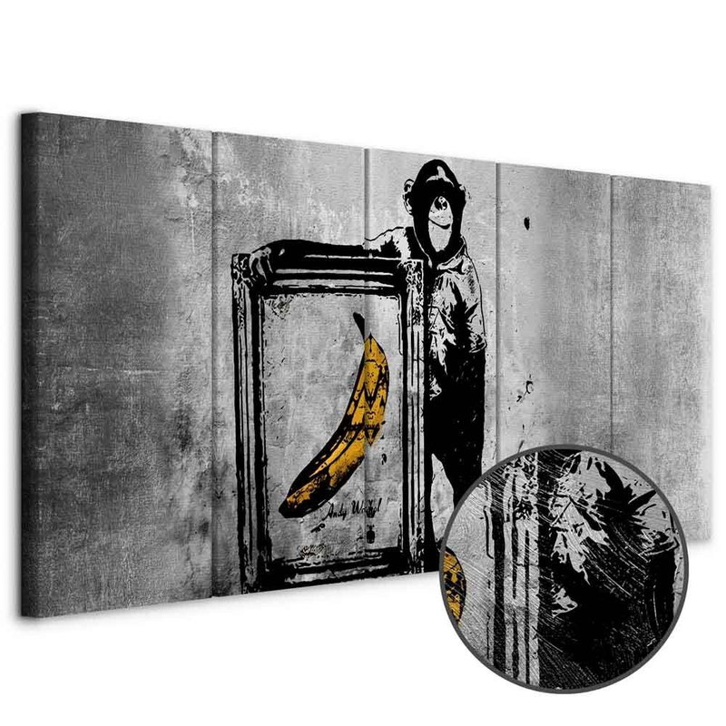 Produktvy av Banksy monkey with frame. En rund detaljförstoring visar den strukturerade gelytan.