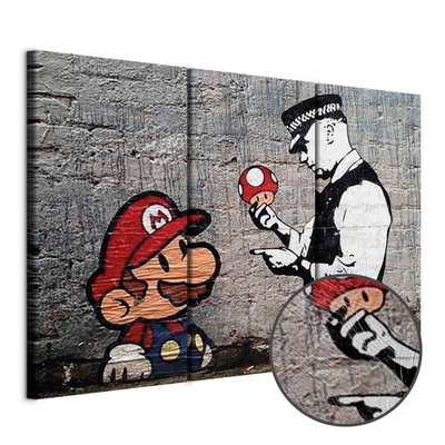 Schuin productaanzicht van Super mario mushroom cop by. De 3 canvasdelen vormen samen één compositie. Een ronde detailopname toont het reliëf van het geloppervlak.