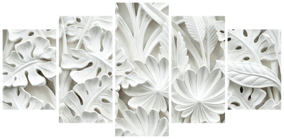 Vooraanzicht van Alabaster garden wide. De volledige gedrukte compositie is te zien op 5 canvasdelen met zichtbare tussenruimten.
