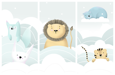 Vooraanzicht van Fairy-tale zoo. De volledige gedrukte compositie is te zien op 3 canvasdelen met zichtbare tussenruimten.