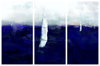 Vooraanzicht van Maritime memory. De volledige gedrukte compositie is te zien op 3 canvasdelen met zichtbare tussenruimten.