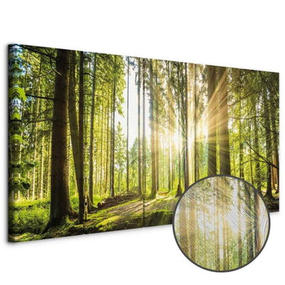 Schuin productaanzicht van Sunlight. De 5 canvasdelen vormen samen één compositie. Een ronde detailopname toont het reliëf van het geloppervlak.