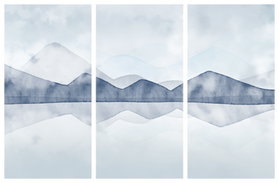 Vooraanzicht van Lake in the mountains. De volledige gedrukte compositie is te zien op 3 canvasdelen met zichtbare tussenruimten.