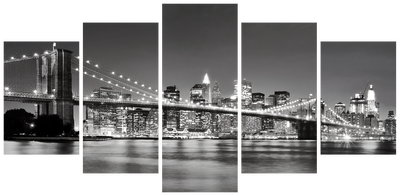 Vooraanzicht van Dream about new york. De volledige gedrukte compositie is te zien op 5 canvasdelen met zichtbare tussenruimten.