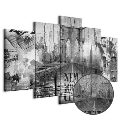 Schuin productaanzicht van New york city collage wide. De 5 canvasdelen vormen samen één compositie. Een ronde detailopname toont het reliëf van het geloppervlak.