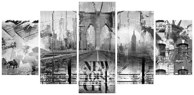 Vooraanzicht van New york city collage wide. De volledige gedrukte compositie is te zien op 5 canvasdelen met zichtbare tussenruimten.