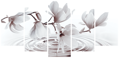 Vooraanzicht van Magnolias over water wide. De volledige gedrukte compositie is te zien op 5 canvasdelen met zichtbare tussenruimten.