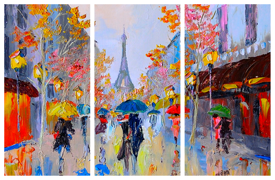 Vooraanzicht van Rainy paris. De volledige gedrukte compositie is te zien op 3 canvasdelen met zichtbare tussenruimten.