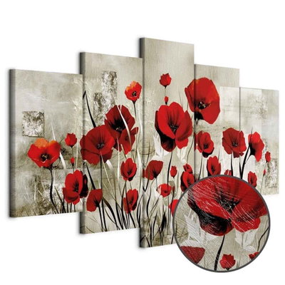 Schuin productaanzicht van Scarlet field. De 5 canvasdelen vormen samen één compositie. Een ronde detailopname toont het reliëf van het geloppervlak.