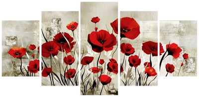 Vooraanzicht van Scarlet field. De volledige gedrukte compositie is te zien op 5 canvasdelen met zichtbare tussenruimten.