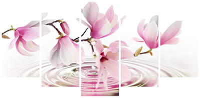 Vooraanzicht van Magnolias over water wide. De volledige gedrukte compositie is te zien op 5 canvasdelen met zichtbare tussenruimten.