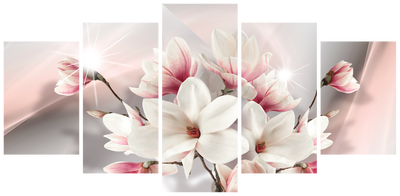 Vooraanzicht van Magnolia in bloom. De volledige gedrukte compositie is te zien op 5 canvasdelen met zichtbare tussenruimten.