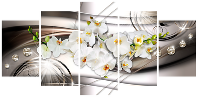Vooraanzicht van Orchid with diamonds. De volledige gedrukte compositie is te zien op 5 canvasdelen met zichtbare tussenruimten.