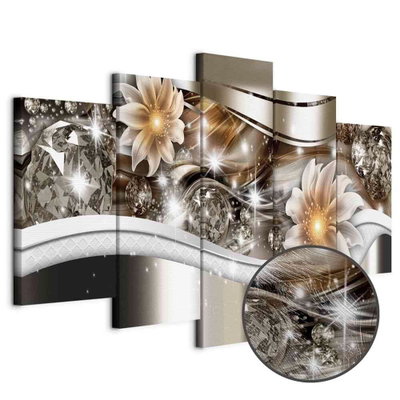 Schuin productaanzicht van Abstract art - luminosity. De 5 canvasdelen vormen samen één compositie. Een ronde detailopname toont het reliëf van het geloppervlak.