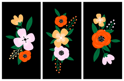 Vooraanzicht van Colorful bloom. De volledige gedrukte compositie is te zien op 3 canvasdelen met zichtbare tussenruimten.