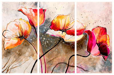 Vooraanzicht van Poppies lashed by the wind. De volledige gedrukte compositie is te zien op 3 canvasdelen met zichtbare tussenruimten.