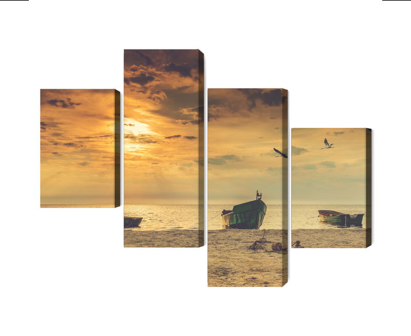 Ljuddämpande tavla - Boats on the beach at sunset