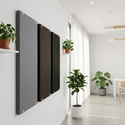 SilentDirect PES Wall Fabric -äänieristyslevyt tummissa väreissä, asennettu toimistoympäristöön
