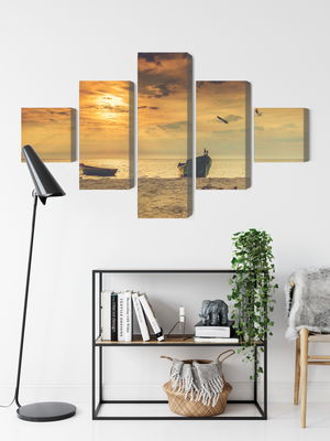 Ljuddämpande tavla - Boats on the beach at sunset