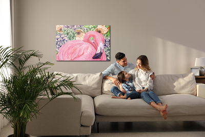 Ljuddämpande tavla - Flamingo and flowers