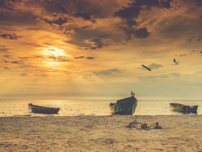 Ljuddämpande tavla - Boats on the beach at sunset
