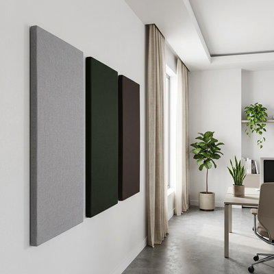 SilentDirect PES Wall Fabric -seinäpaneelit, 50 mm, harmaissa ja vihreissä sävyissä modernissa ympäristössä