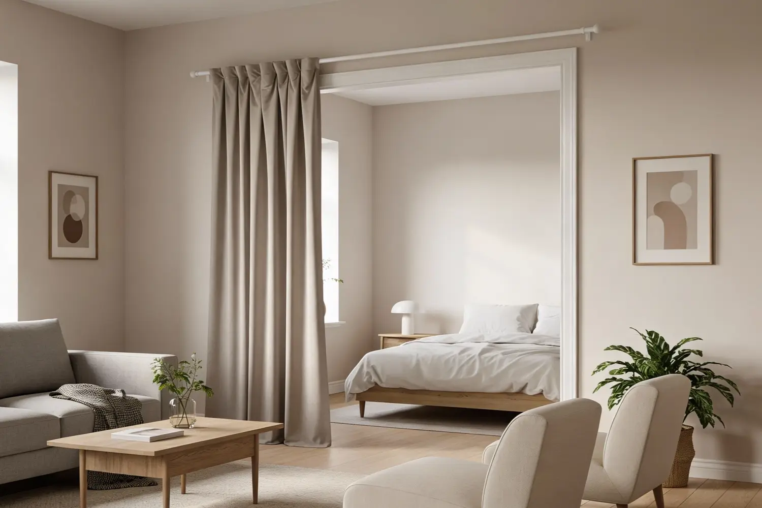 Ljudabsorberande rumsavdelare i tyg minskar ljudnivån och förbättrar akustiken i ett rum.