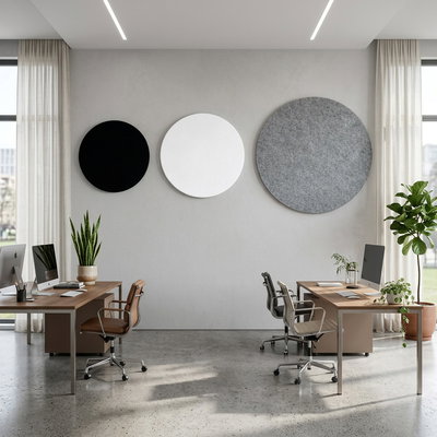 SilentDirect PES Circle Wall round wall absorbers in various colors installed in an office environment