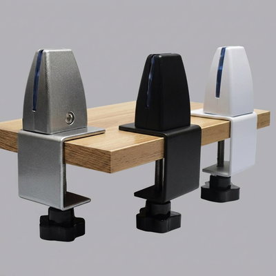 Clamp mounts for attaching the Bulletin Desk Screen to desks, available in black, white, and silver