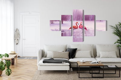 Ljuddämpande tavla - Flamingos against a purple