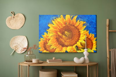 Ljuddämpande tavla - Painted sunflowers on a blue