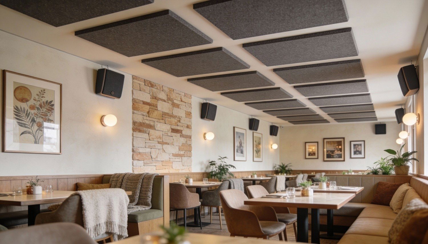 Kunskapsportal om ljudabsorbering i restaurang som minskar eko och förbättrar ljudmiljön för gäster och personal.