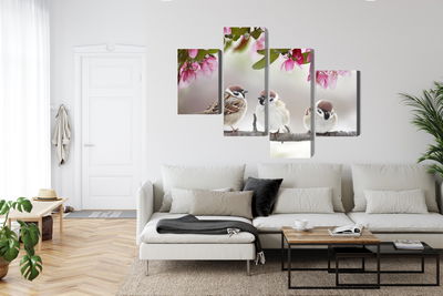 Ljuddämpande tavla - Sparrows among flowers