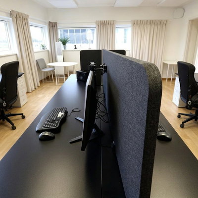Bulletin Desk Screen: a black desk screen placed between workstations