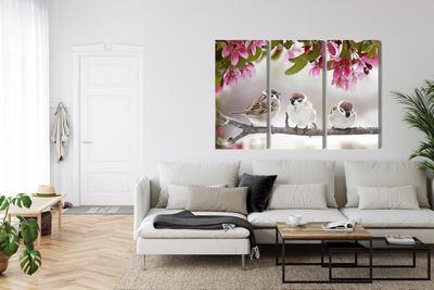 Ljuddämpande tavla - Sparrows among flowers