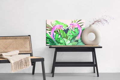 Ljuddämpande tavla - Flamingos and tropical leaves