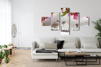 Ljuddämpande tavla - Sparrows among flowers