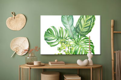 Ljuddämpande tavla - Green exotic leaves painted