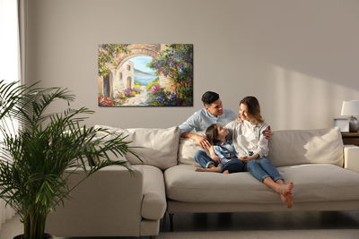 Ljuddämpande tavla - House by the sea and flowers