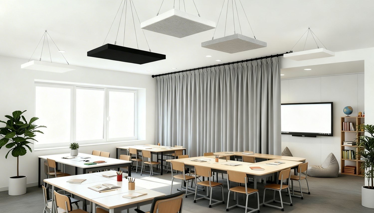 Ljudabsorbera med rumsavdelare i tyg i skolmilö