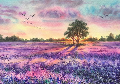 Ljuddämpande tavla - Lavender landscape painted