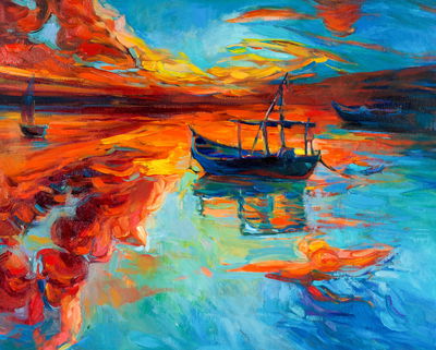 Ljuddämpande tavla - Painted boats in the sea