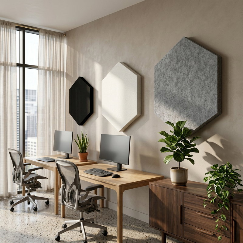 SilentDirect PES Hexagon Wall hexagonformade väggabsorbenter 50 mm monterade i kontorsmiljö