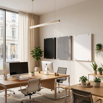 SilentDirect PES Wall sound-absorbing panels mounted on the wall above the desk