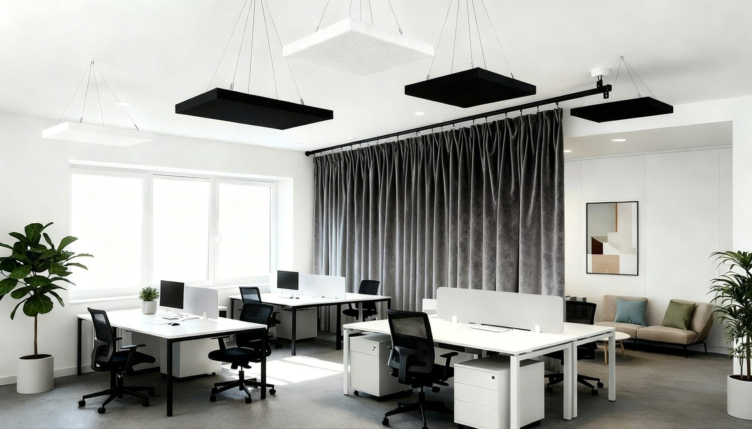 Ljudabsorbera med rumsavdelare i tyg